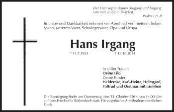 Traueranzeige von Hans Irgang von Pegnitz-Zeitung